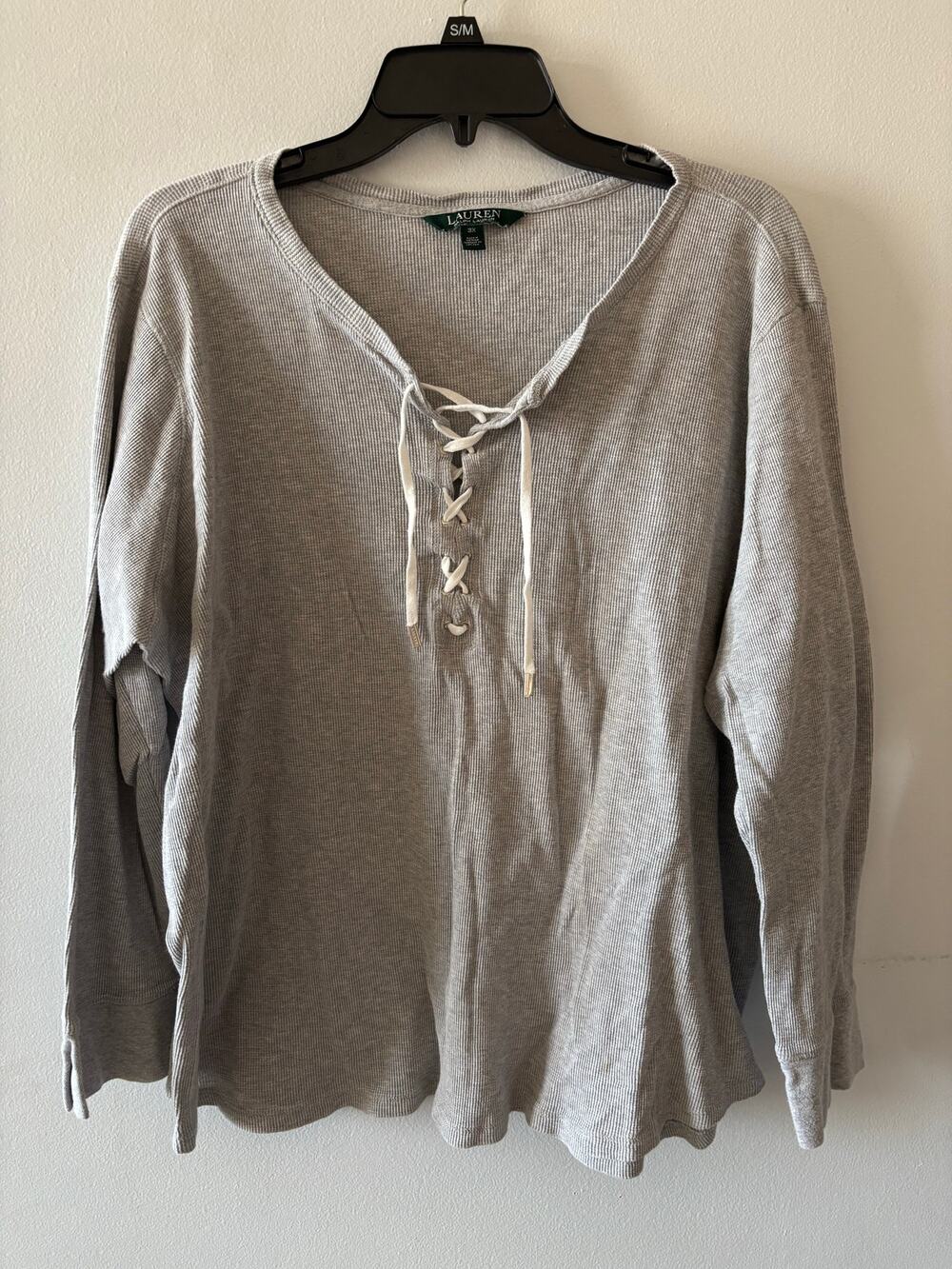Lauren Ralph Lauren Womens Lace Up Waffle Knit Top 3X Gray Cotton Winter
